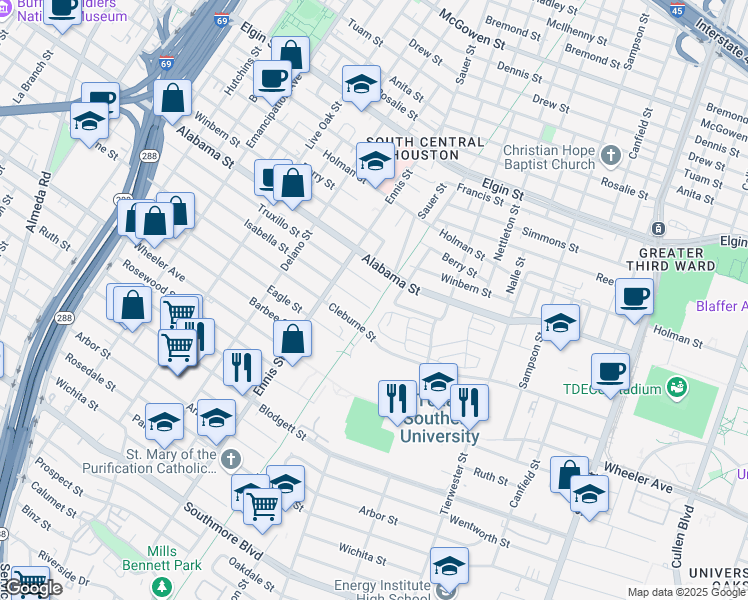 map of restaurants, bars, coffee shops, grocery stores, and more near 3117 Isabella in Houston