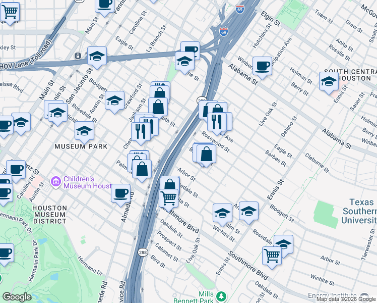 map of restaurants, bars, coffee shops, grocery stores, and more near 2203 Wentworth Avenue in Houston