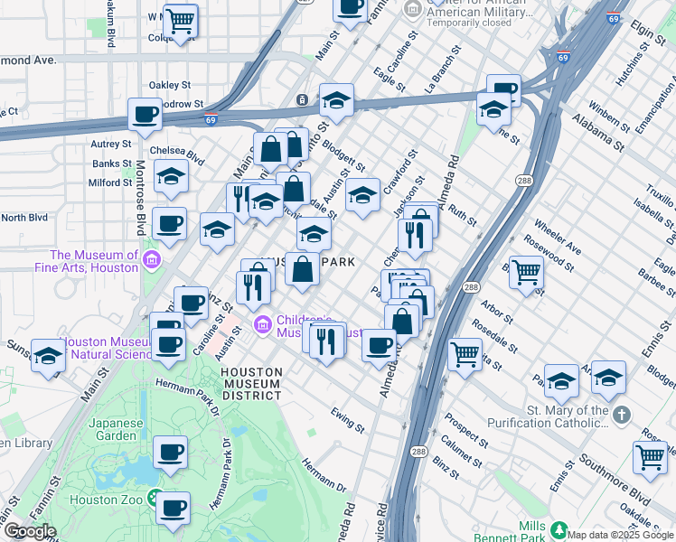 map of restaurants, bars, coffee shops, grocery stores, and more near 1603 Southmore Boulevard in Houston