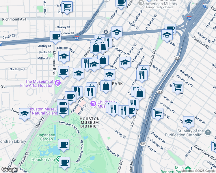 map of restaurants, bars, coffee shops, grocery stores, and more near in Houston