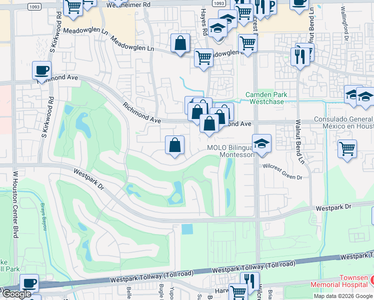 map of restaurants, bars, coffee shops, grocery stores, and more near 3210 Manet Court in Houston