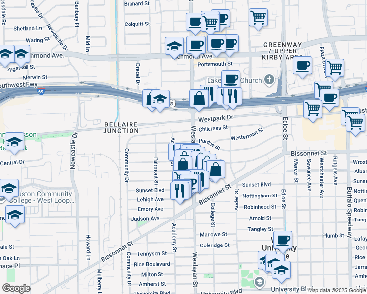 map of restaurants, bars, coffee shops, grocery stores, and more near 5220 Weslayan Street in Houston