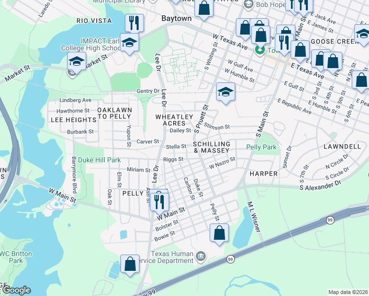 map of restaurants, bars, coffee shops, grocery stores, and more near 504 Stella Street in Baytown