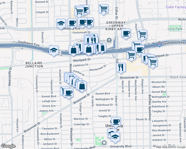 map of restaurants, bars, coffee shops, grocery stores, and more near 3784 Purdue Street in Houston