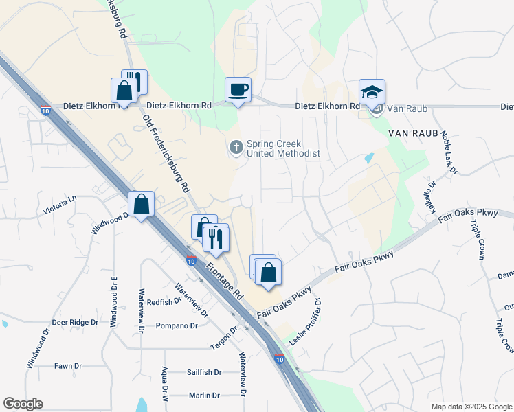 map of restaurants, bars, coffee shops, grocery stores, and more near 28703 Stevenson Gate in Fair Oaks Ranch