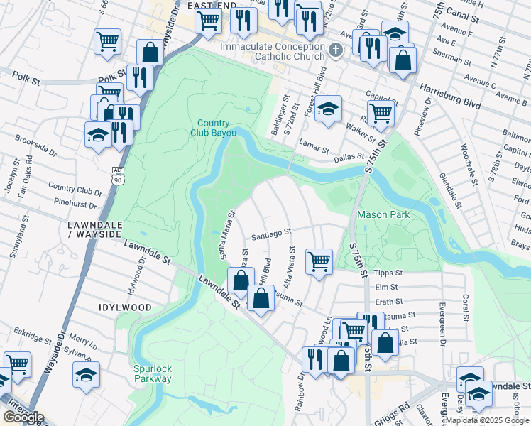 map of restaurants, bars, coffee shops, grocery stores, and more near 1739 Forest Hill Boulevard in Houston