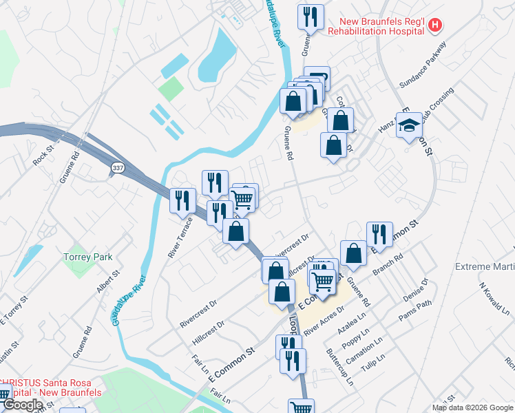 map of restaurants, bars, coffee shops, grocery stores, and more near 1347 Dexters Place in New Braunfels