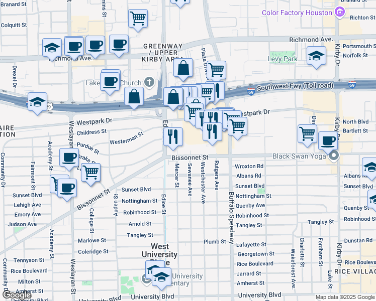 map of restaurants, bars, coffee shops, grocery stores, and more near 3506 Bissonnet St in Houston