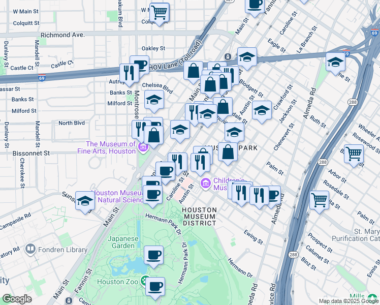 map of restaurants, bars, coffee shops, grocery stores, and more near 5300 Caroline Street in Houston