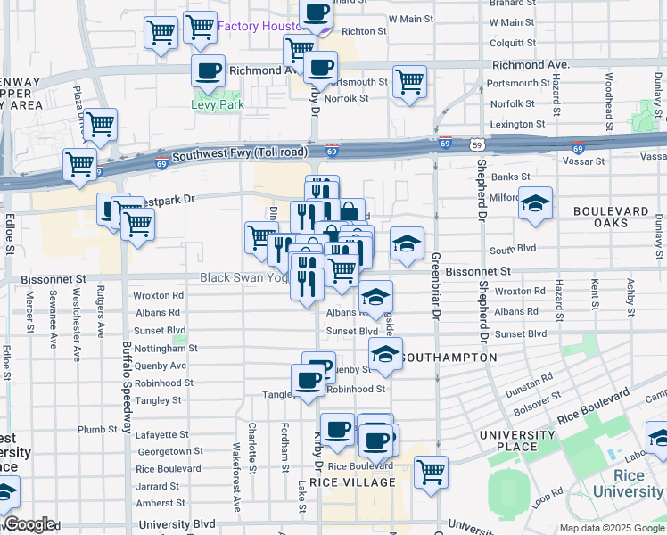 map of restaurants, bars, coffee shops, grocery stores, and more near 2522 Bissonnet Street in Houston