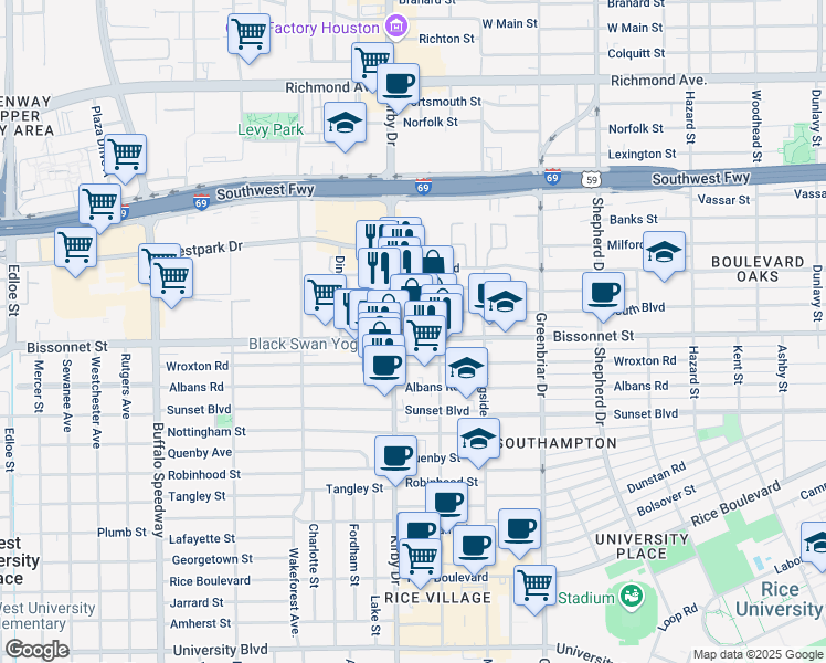 map of restaurants, bars, coffee shops, grocery stores, and more near 2522 Bissonnet Street in Houston