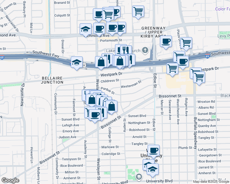 map of restaurants, bars, coffee shops, grocery stores, and more near 3814 Purdue Street in Houston