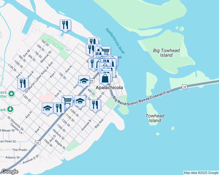 map of restaurants, bars, coffee shops, grocery stores, and more near in Apalachicola