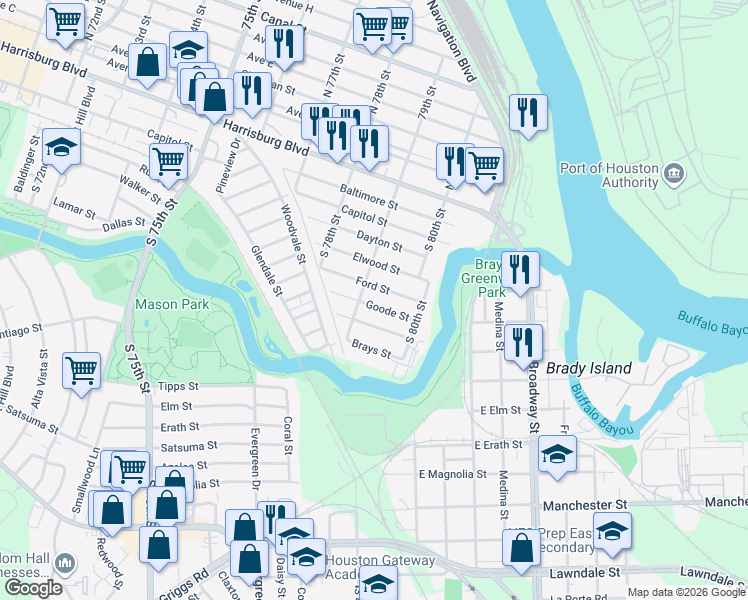 map of restaurants, bars, coffee shops, grocery stores, and more near 710 1/2 South 79th Street in Houston