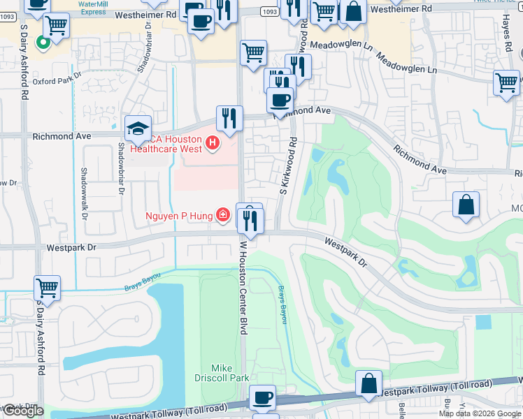 map of restaurants, bars, coffee shops, grocery stores, and more near 3210 Rosemary Park Lane in Houston