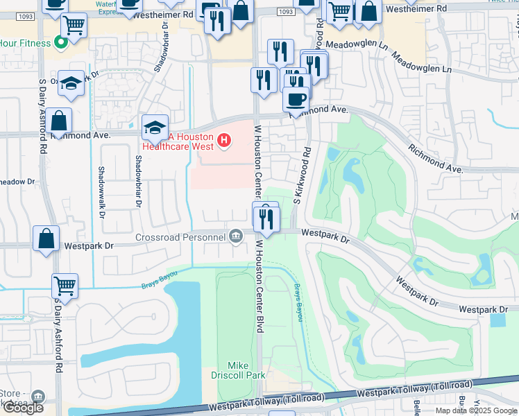map of restaurants, bars, coffee shops, grocery stores, and more near 12012 Royal Oaks Run Drive in Houston