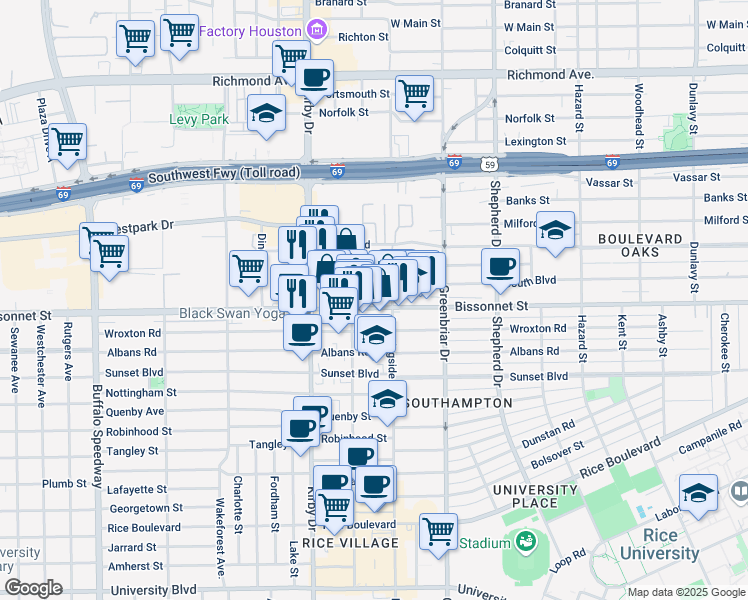 map of restaurants, bars, coffee shops, grocery stores, and more near 2438 Bissonnet Street in Houston