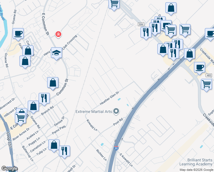 map of restaurants, bars, coffee shops, grocery stores, and more near 532 Mallow Drive in New Braunfels