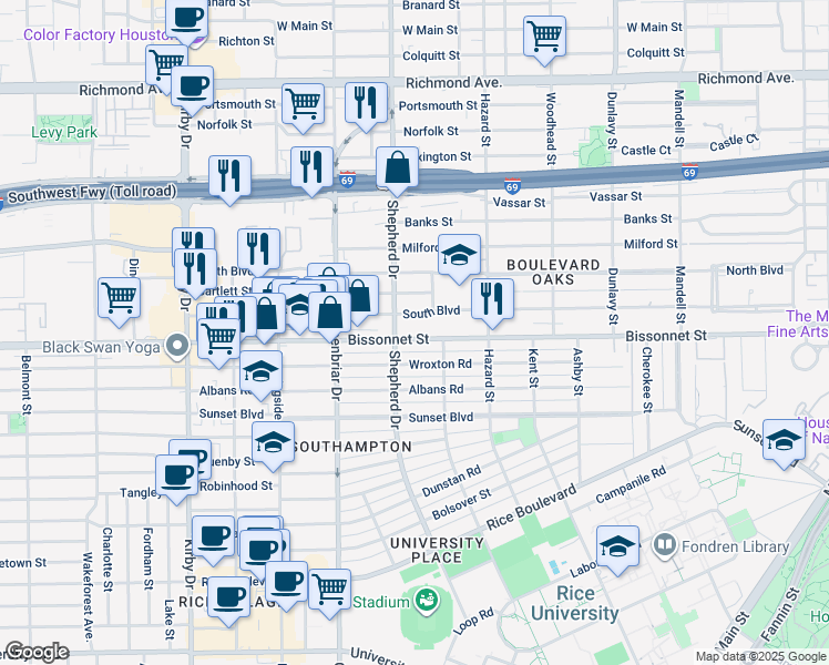 map of restaurants, bars, coffee shops, grocery stores, and more near in Houston