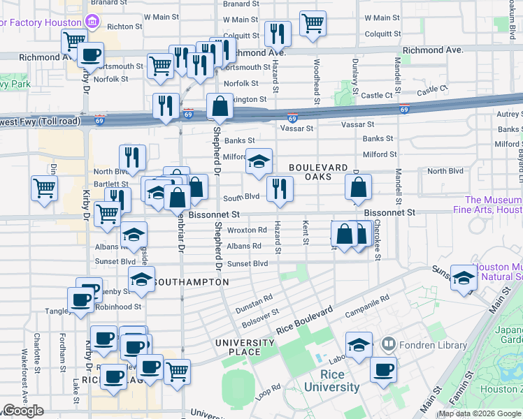map of restaurants, bars, coffee shops, grocery stores, and more near 2011 Bissonnet Street in Houston