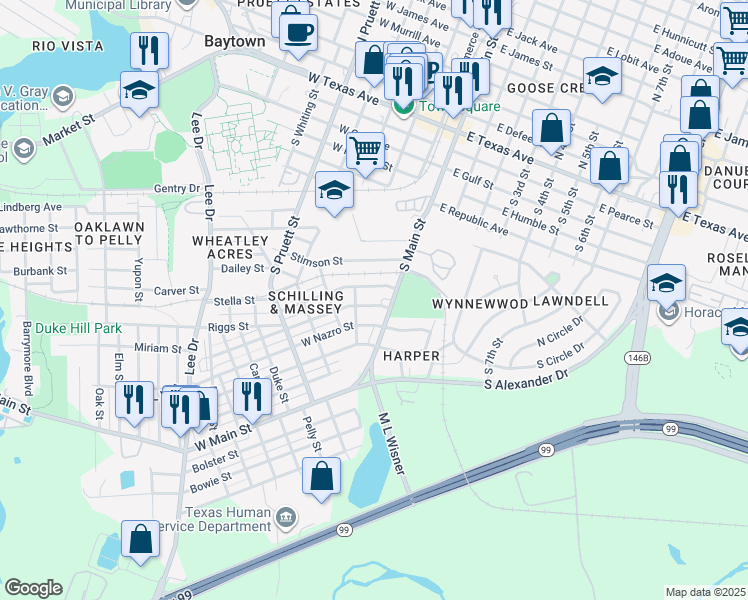map of restaurants, bars, coffee shops, grocery stores, and more near 1001 South Main Street in Baytown