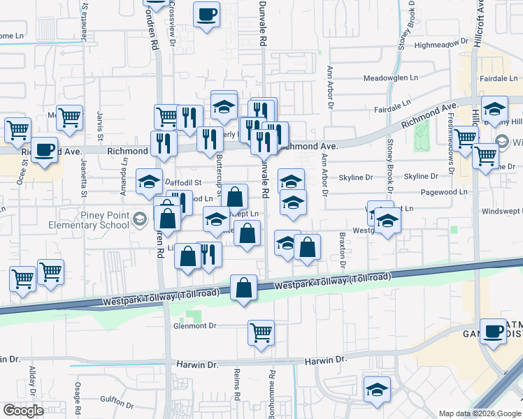 map of restaurants, bars, coffee shops, grocery stores, and more near 3701 Dunvale Road in Houston