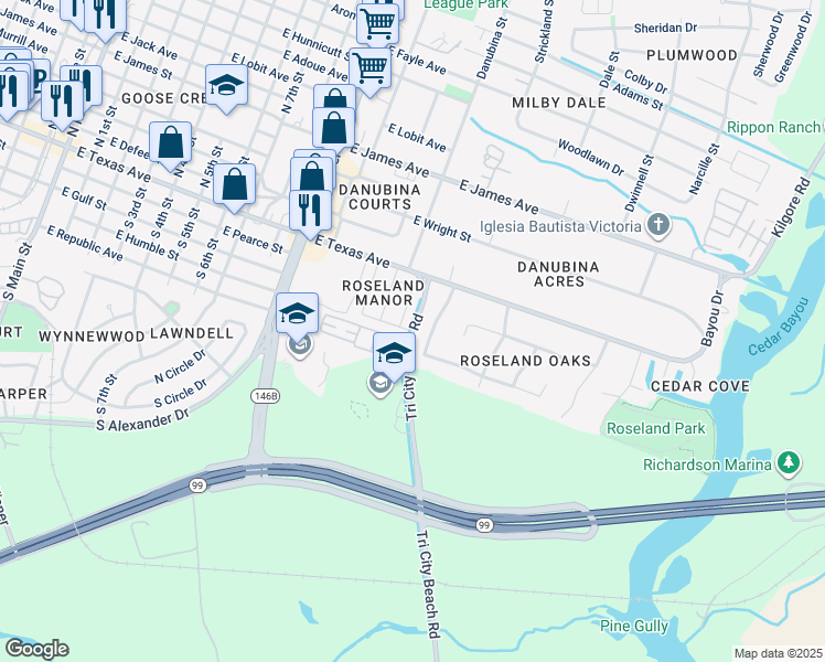 map of restaurants, bars, coffee shops, grocery stores, and more near 235 Tri City Beach Road in Baytown