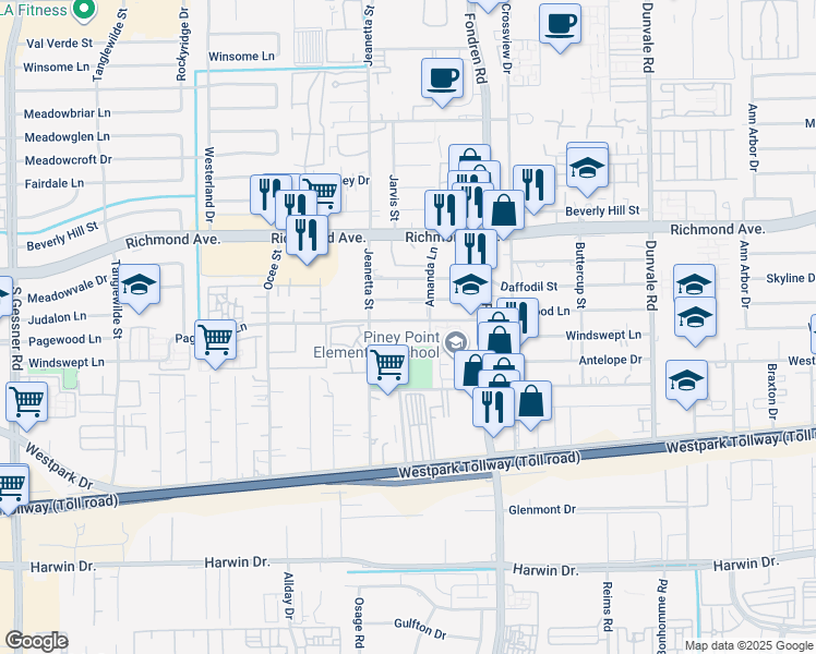 map of restaurants, bars, coffee shops, grocery stores, and more near 3505 Amanda Lane in Houston