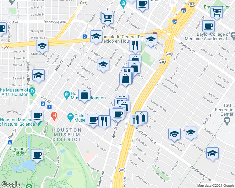 map of restaurants, bars, coffee shops, grocery stores, and more near 1811b Wichita Street in Houston