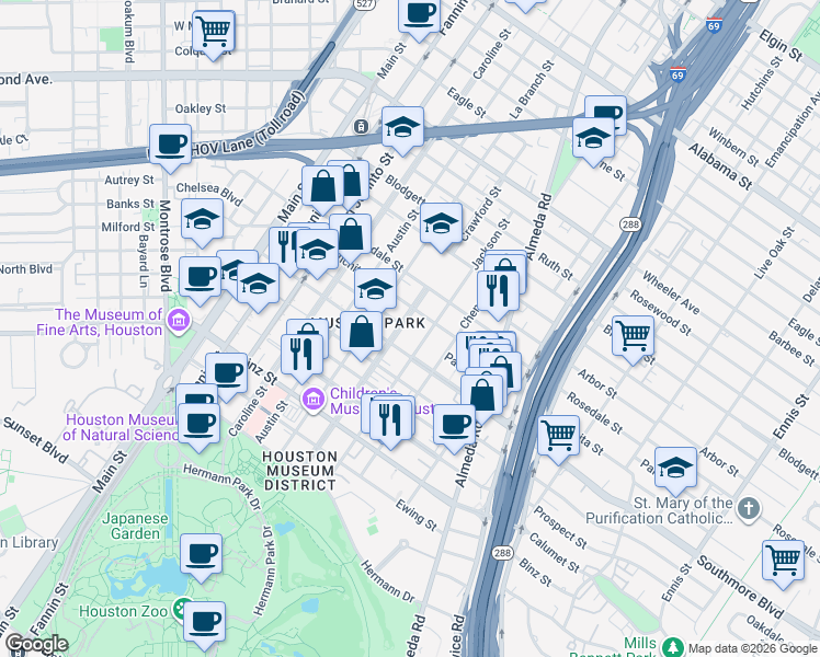 map of restaurants, bars, coffee shops, grocery stores, and more near 1603 Southmore Boulevard in Houston