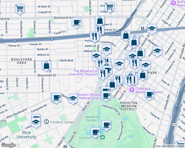 map of restaurants, bars, coffee shops, grocery stores, and more near 6 West 11th Place in Houston