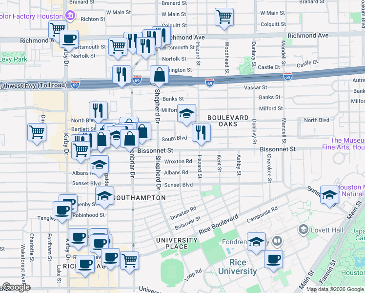map of restaurants, bars, coffee shops, grocery stores, and more near 2107 Bissonnet Street in Houston