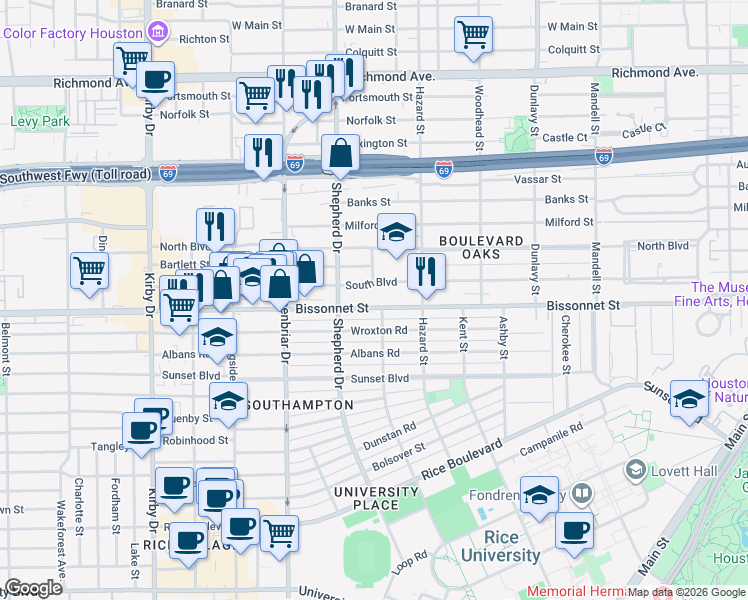 map of restaurants, bars, coffee shops, grocery stores, and more near 2107 Bissonnet Street in Houston
