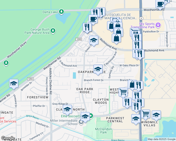 map of restaurants, bars, coffee shops, grocery stores, and more near 14914 Limber Oak Street in Houston