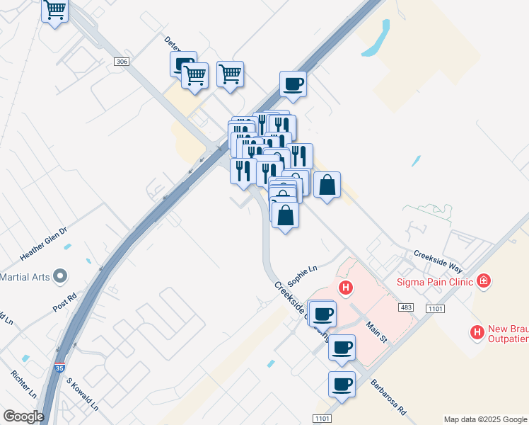 map of restaurants, bars, coffee shops, grocery stores, and more near 204 Creekside Way in New Braunfels