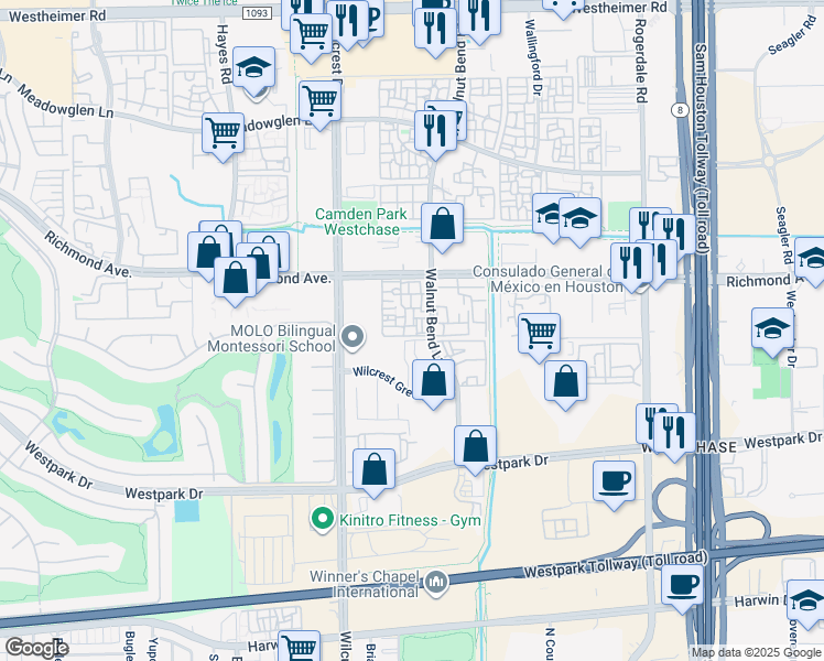 map of restaurants, bars, coffee shops, grocery stores, and more near 10881 Richmond Avenue in Houston