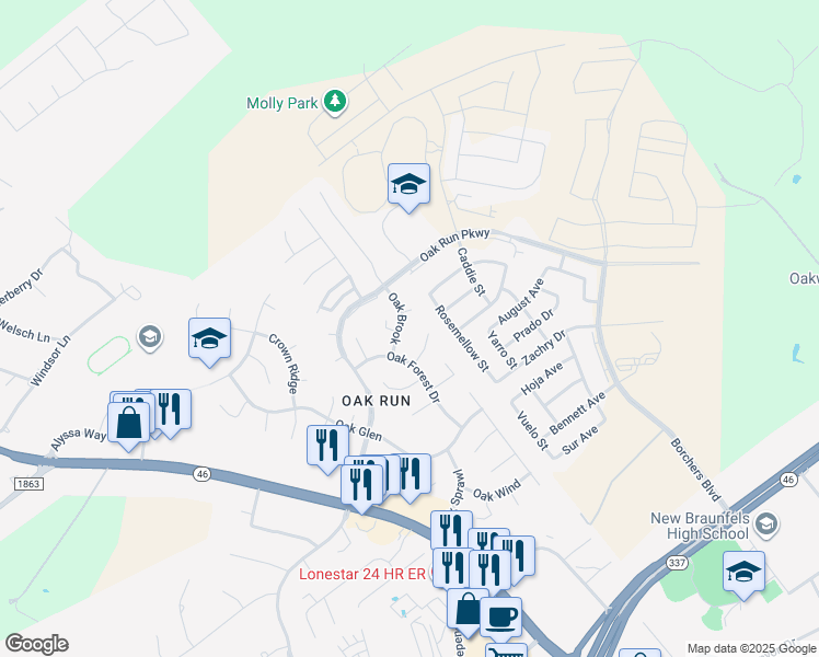 map of restaurants, bars, coffee shops, grocery stores, and more near 7 Oak Moss in New Braunfels