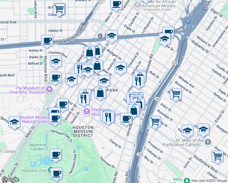 map of restaurants, bars, coffee shops, grocery stores, and more near 1603 Southmore Boulevard in Houston