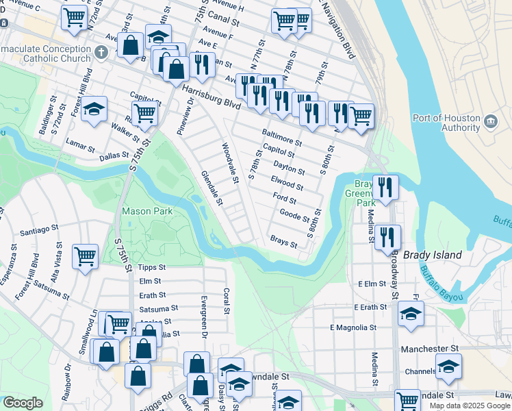 map of restaurants, bars, coffee shops, grocery stores, and more near 199 Woodvale Street in Houston