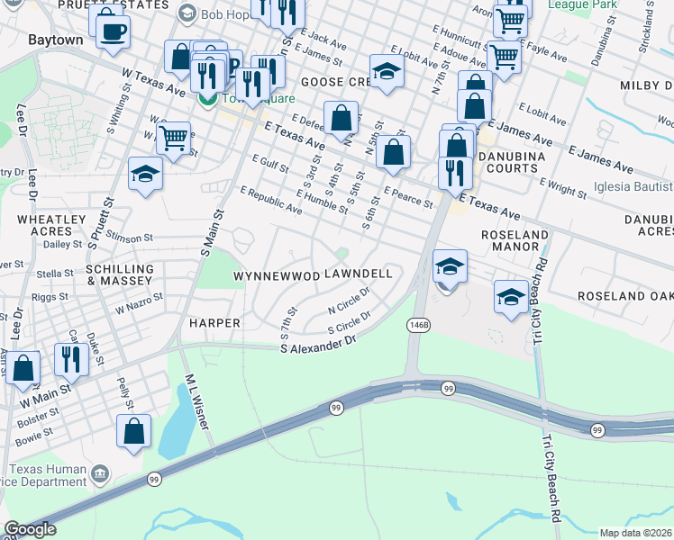 map of restaurants, bars, coffee shops, grocery stores, and more near 602 South 7th Street in Baytown