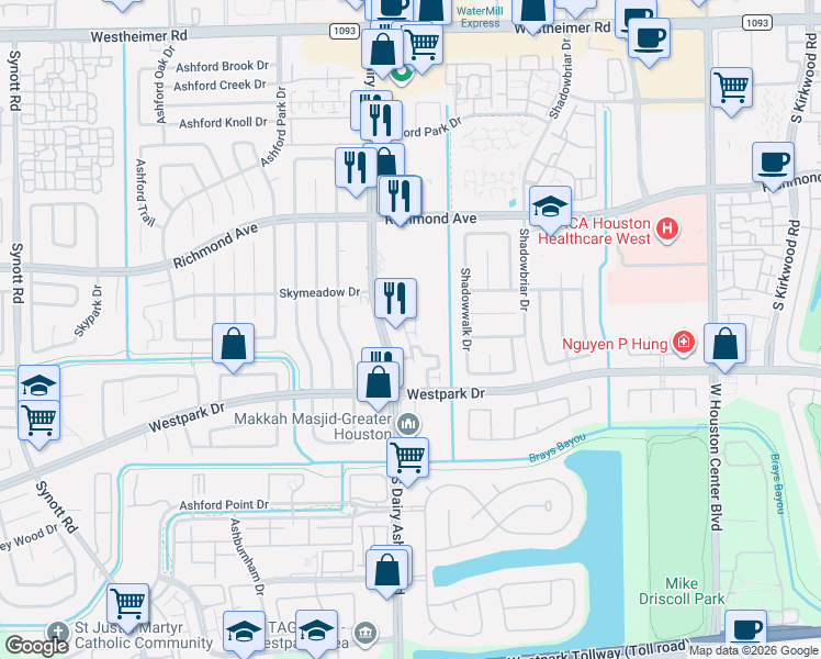 map of restaurants, bars, coffee shops, grocery stores, and more near 12422 Sunlit Wood Way in Houston