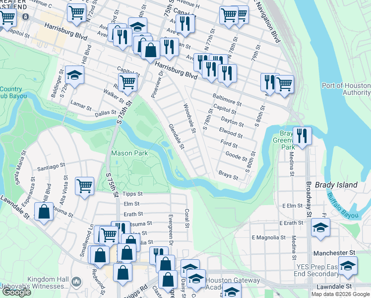 map of restaurants, bars, coffee shops, grocery stores, and more near 102 Inlane Street in Houston