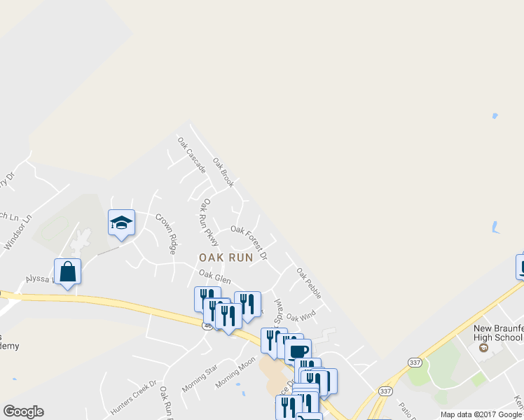 map of restaurants, bars, coffee shops, grocery stores, and more near 447 Oak Trace in New Braunfels