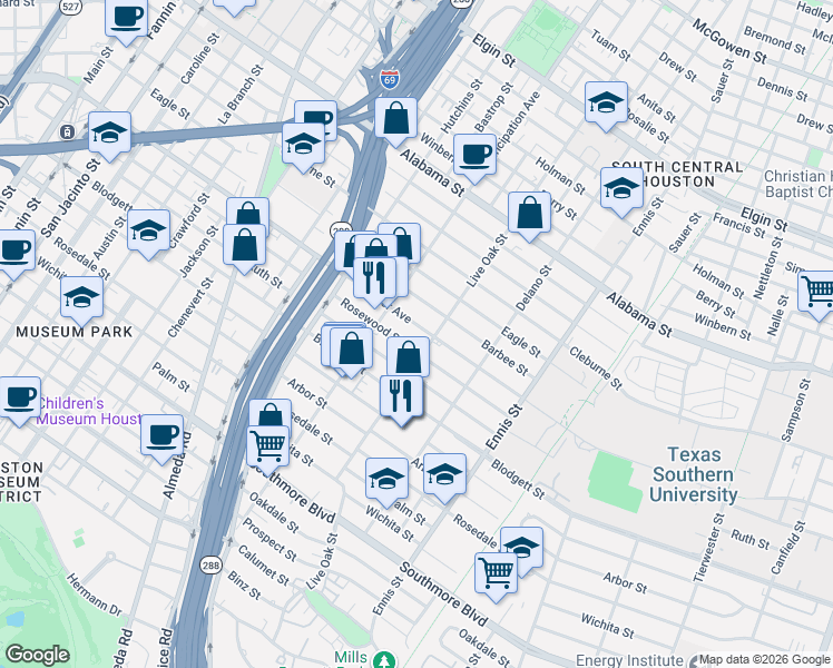 map of restaurants, bars, coffee shops, grocery stores, and more near 2513 Rosewood Street in Houston