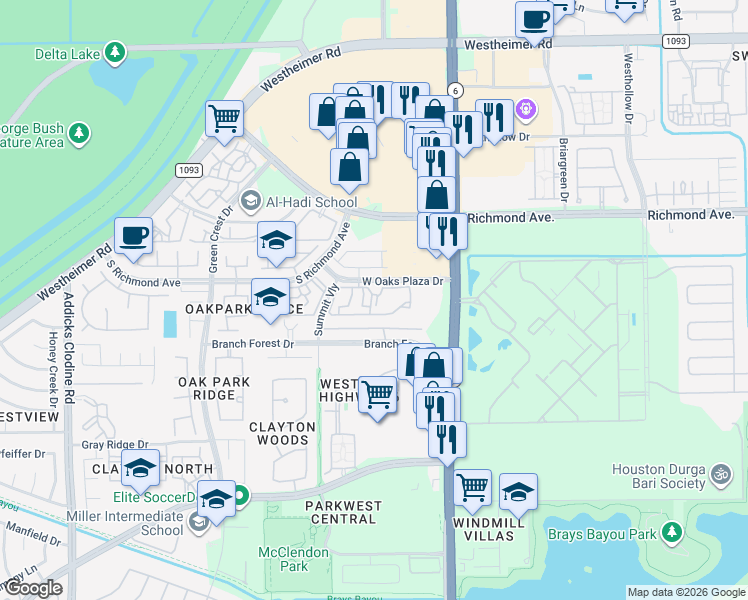 map of restaurants, bars, coffee shops, grocery stores, and more near 14708 Branchwest Drive in Houston