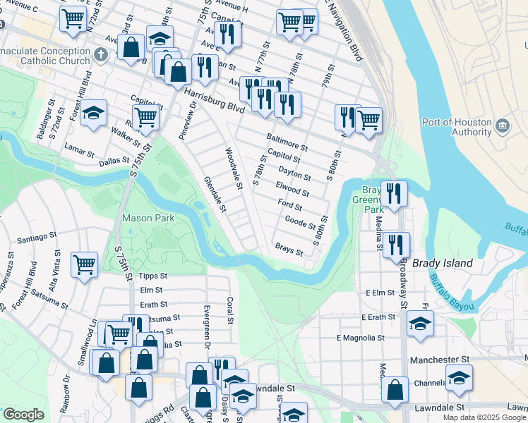 map of restaurants, bars, coffee shops, grocery stores, and more near 199 Woodvale Street in Houston