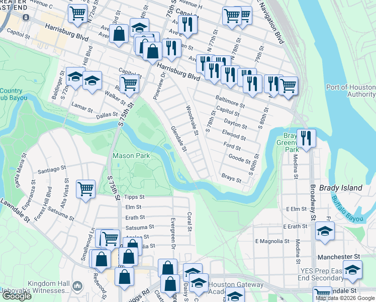 map of restaurants, bars, coffee shops, grocery stores, and more near 102 Inlane Street in Houston