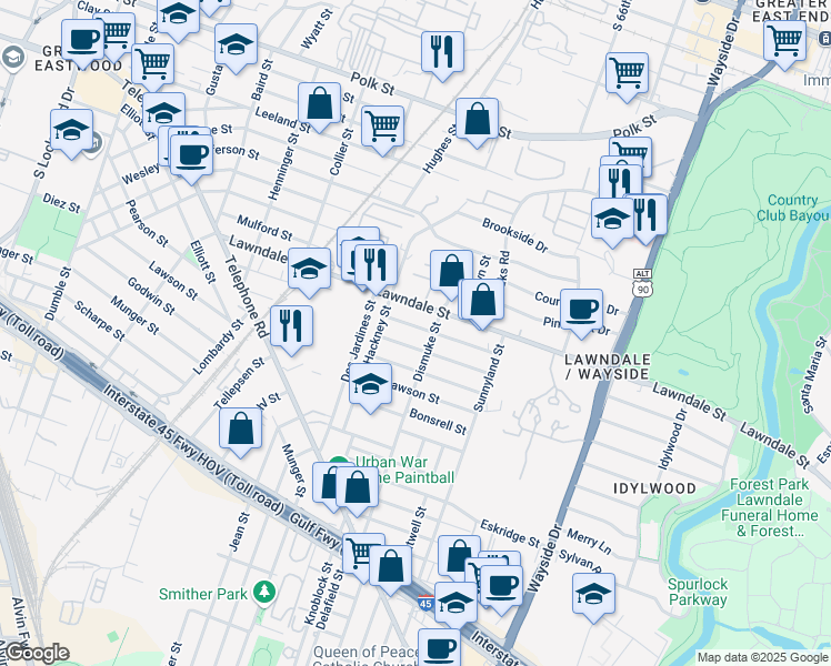 map of restaurants, bars, coffee shops, grocery stores, and more near 5530 McCormick Street in Houston