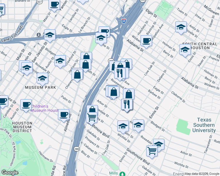 map of restaurants, bars, coffee shops, grocery stores, and more near 2309 Blodgett Street in Houston