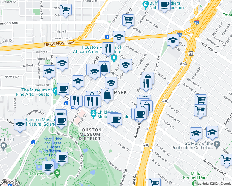 map of restaurants, bars, coffee shops, grocery stores, and more near 1603 Southmore Boulevard in Houston